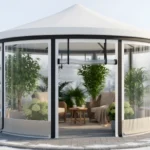 Circular patio enclosure for protecting plants during winter, using clear vinyl curtain walls to shield plants and furniture from snow and cold air