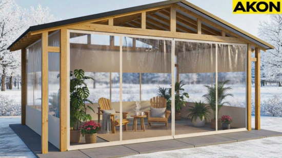 Clear vinyl patio enclosure for protecting plants during winter, featuring a wooden pergola roof and warm interior with green potted plants