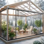 Clear vinyl patio enclosure for protecting plants during winter, featuring a wooden pergola roof and warm interior with green potted plants