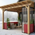 Compact pergola patio enclosure for protecting plants during winter, featuring clear upper vinyl walls and red lower panels in a snowy backyard