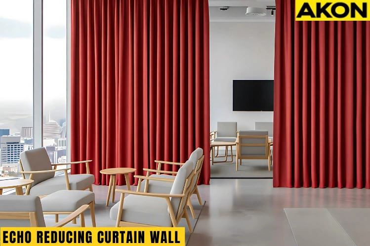 Echo Reducing Curtains in a modern office lobby, dividing space to reduce noise and improve privacy
