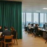 Green acoustic partition curtains for office dividing workstations and private meeting tables in an open environment.