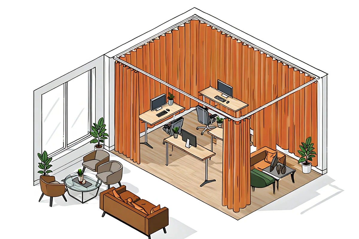 Isometric illustration of Partition Curtains for Office creating a private workspace with desks, lounge seating, and flexible dividers for open layouts