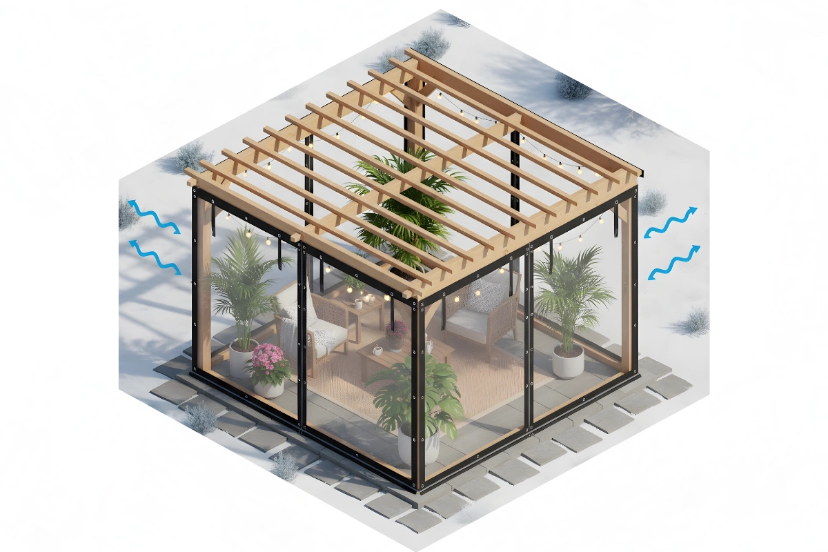 Isometric view of a patio enclosure for protecting plants during winter, showing a wooden pergola with clear vinyl curtain walls that block cold air and retain warmth inside