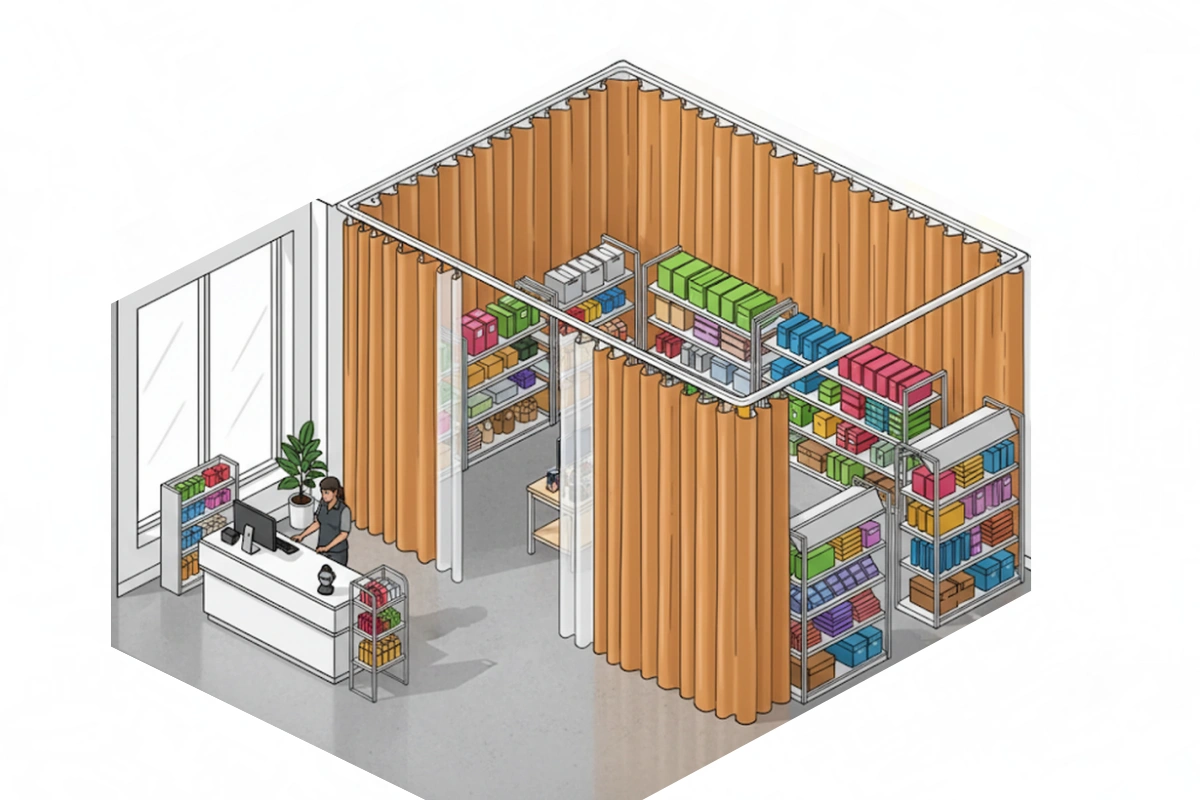 Isometric view of a retail store using Retail Storage & Clutter-Hiding Curtains to separate stockroom shelves from the checkout counter