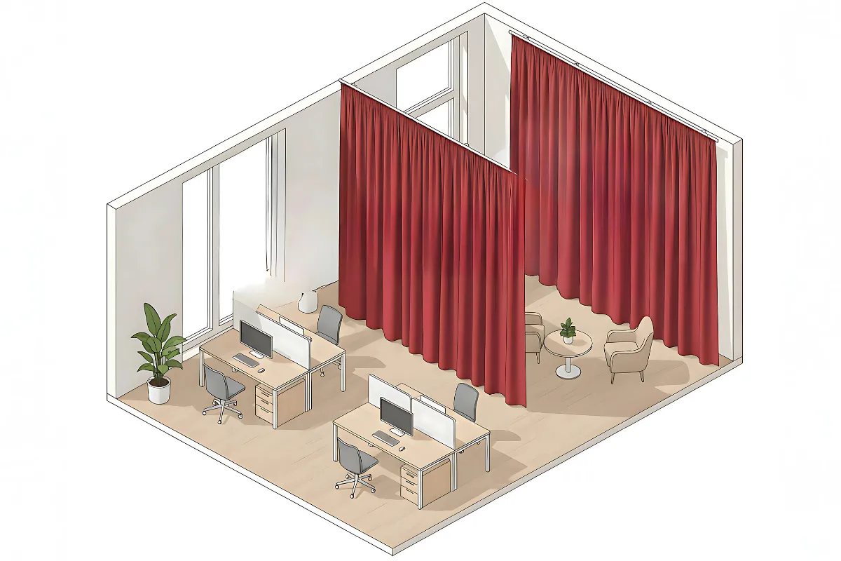 Isometric view of an office space with crimson red Echo Reducing Curtains dividing workstations from a private lounge area