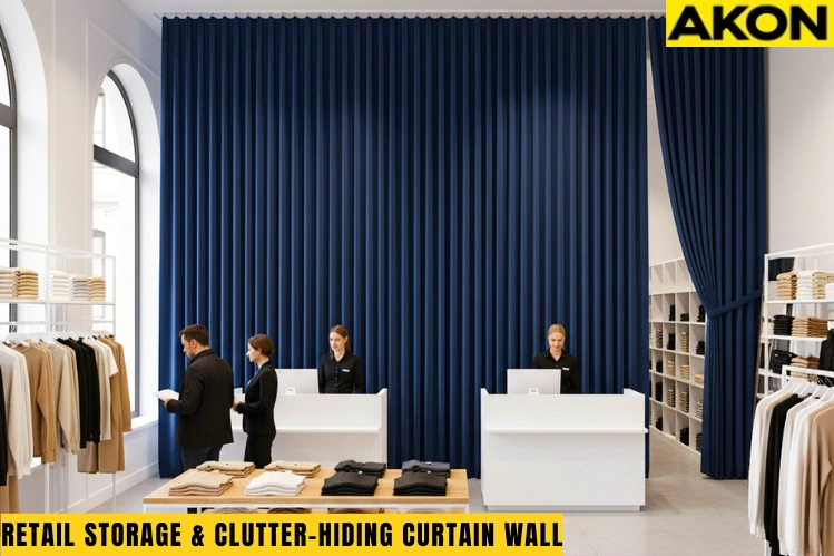 Modern Retail Storage & Clutter-Hiding Curtains from AKON used in a boutique store to separate storage and customer areas