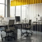 Office layout featuring transparent vinyl partition curtains for office with yellow trim for flexible space division.