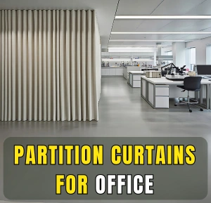 Partition Curtains for Office dividing a modern open-plan workspace, providing privacy and flexibility for desks and workstations