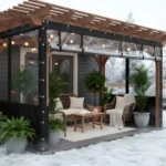 Patio enclosure for protecting plants during winter attached to a home, using clear vinyl panels under a wooden pergola with cozy seating inside