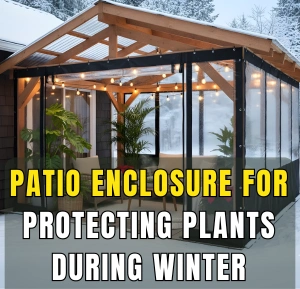 Patio enclosure for protecting plants during winter featuring a wooden pergola with clear vinyl curtain walls, potted plants, and warm lighting in a snowy backyard