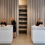 Elegant red Retail Storage & Clutter-Hiding Curtains adding privacy and style behind a retail counter display