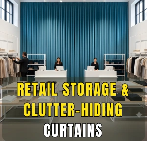 Retail Storage & Clutter-Hiding Curtains used behind checkout counters to conceal stock and create a clean, organized retail space
