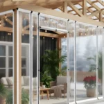 Vinyl patio enclosure for protecting plants during winter, attached to a wooden pergola and sealed with clear panels to block frost and wind