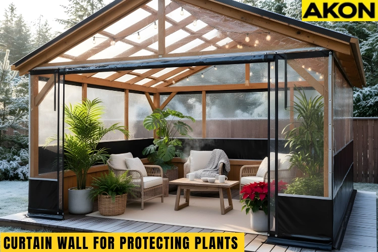 Vinyl patio enclosure for protecting plants during winter, designed with clear curtain walls and a wooden pergola roof to block frost and retain warmth outdoors