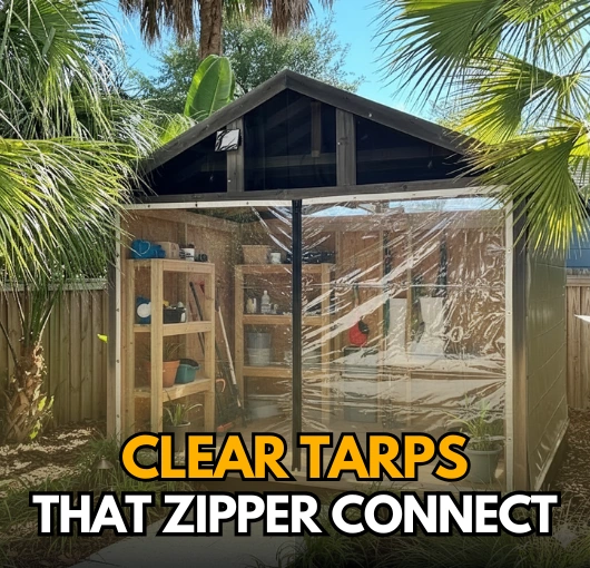 Outdoor clear tarp enclosure with a zipper access panel for entry and exit in an exterior setting.