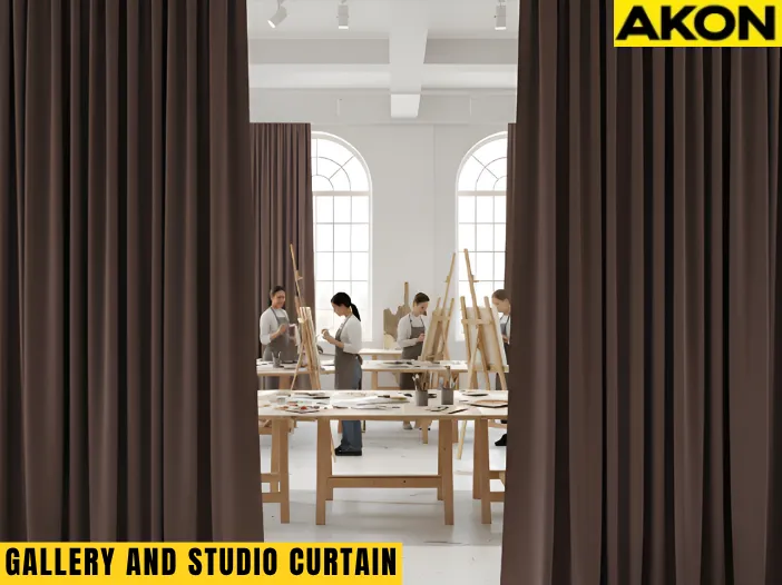 Art students painting behind brown partition curtains in a creative studio