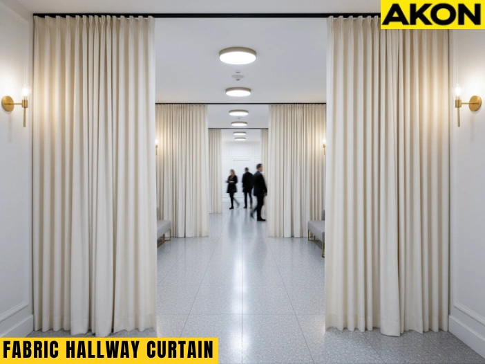 Beige Fabric Hallway Divider Curtains providing a clean and efficient layout in a corporate office environment