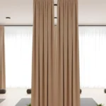 Beige Yoga & Wellness Zone Divider Curtains separating yoga areas in a spacious wellness studio with plants and yoga mats