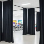 Black Fabric Hallway Divider Curtains installed in a classroom, creating clear divisions between areas for focused learning