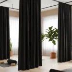 Black Yoga & Wellness Zone Divider Curtains providing privacy in a bright wellness space with natural light and plants