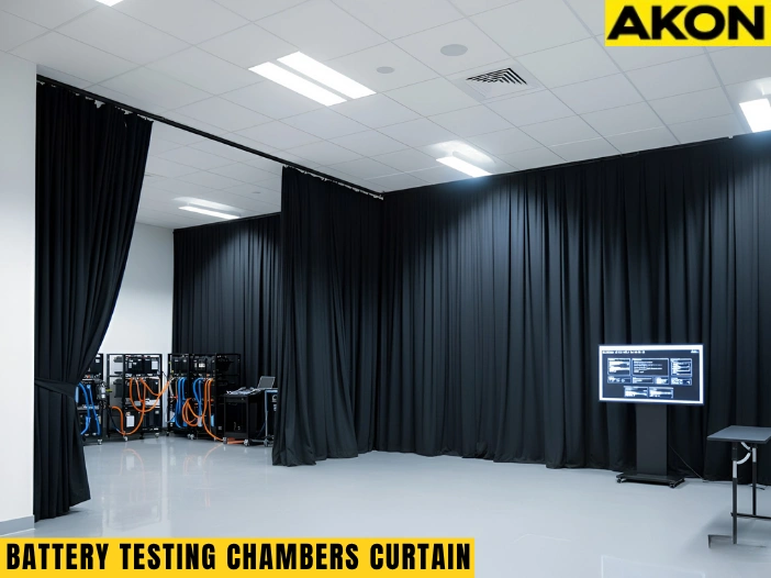 Black curtain enclosure dividing an EV battery-testing workspace for clean and controlled prototype evaluations