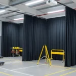Black training curtains sectioning off multiple indoor confined-space training lanes inside a safety facility with equipment carts arranged along the walls