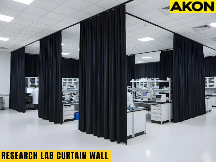 Black vinyl curtain walls dividing laboratory workstations to create separate research zones for light-sensitive experiments