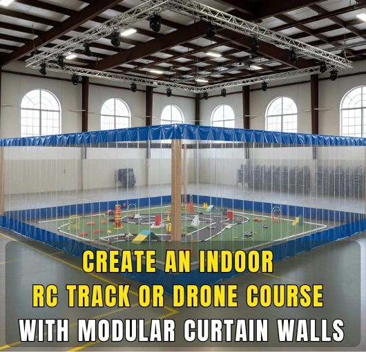 Blue and white modular curtain RCdrone course – “Indoor RCdrone course using blue and white modular curtain walls in a gym, creating clear lanes and protected zones for participants.