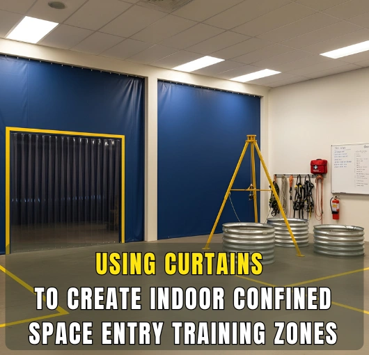 Blue curtain-wall training enclosure with strip-door entry inside an indoor facility, designed for confined-space entry training and OSHA practice drills