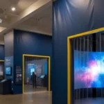 Blue curtain walls enclosing a projection area in a planetarium, enhancing light control for science displays and digital exhibits