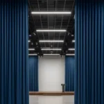 Blue divider curtains framing a modern gallery or presentation area