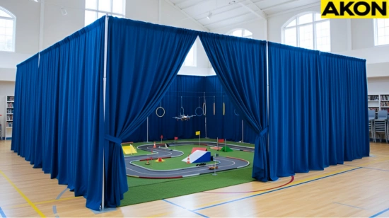 Blue modular curtain RCdrone course in a gym “Indoor RC and drone course enclosed with blue modular curtain walls in a gymnasium