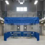 Blue opaque vinyl enclosure with clear panel entry at a stadium concession stand, isolating prep area from fans traffic