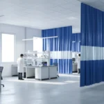 Blue research lab curtain walls dividing multiple workstations for controlled UV protection and workflow flexibility