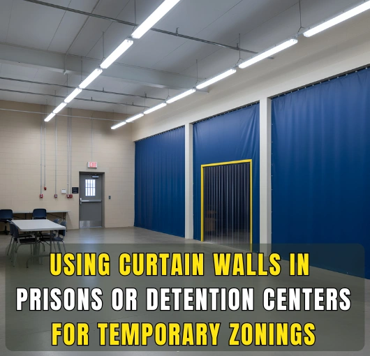 Blue vinyl curtain walls with a clear strip door shown in a detention center, used for temporary zoning applications