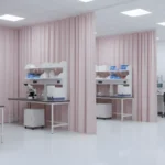 Blush laboratory curtains creating private UV-controlled research areas for clean and efficient lab environments