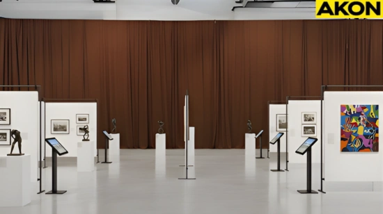 Brown museum exhibit divider curtains used to organize framed artwork and sculptures in a spacious exhibit hall