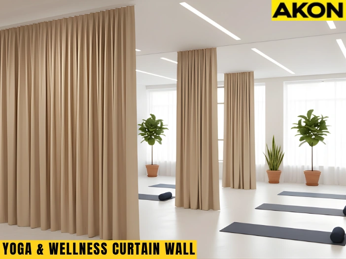 Champagne-colored Yoga & Wellness Zone Divider Curtains separating areas in a modern wellness studio with plants and yoga mats