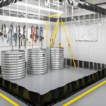 Clear PVC strip curtain enclosure defining a small indoor confined-space training area with metal entry drums and safety equipment on the wall