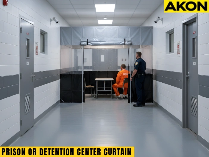 Clear and opaque vinyl curtain wall enclosure used for inmate interviews inside a prison housing unit, with an officer supervising