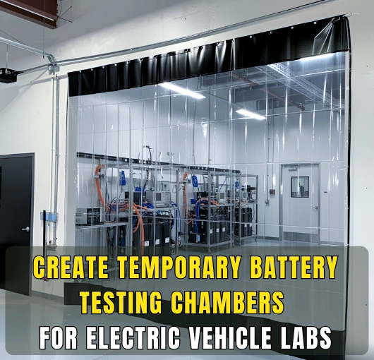 Clear curtain wall creating a temporary battery-testing chamber inside an electric vehicle laboratory