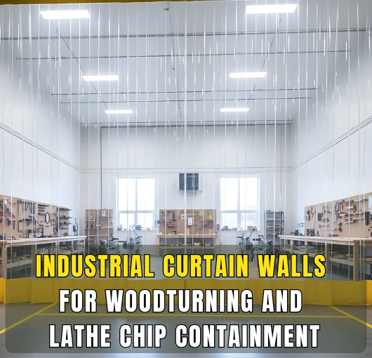 Clear curtain wall system installed in a woodworking facility to contain wood chips and maintain cleaner turning work zones
