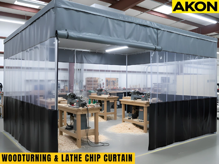 Clear-vinyl and black industrial curtain enclosure surrounding multiple woodturning lathes to contain chips and shavings in a training workshop.