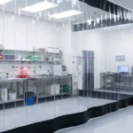Clear vinyl and black-trimmed research lab curtains used to isolate UV-sensitive workstations and control light exposure