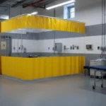 Clear vinyl and yellow vinyl curtain wall enclosure inside a correctional medical room used for temporary zoning and controlled space separation
