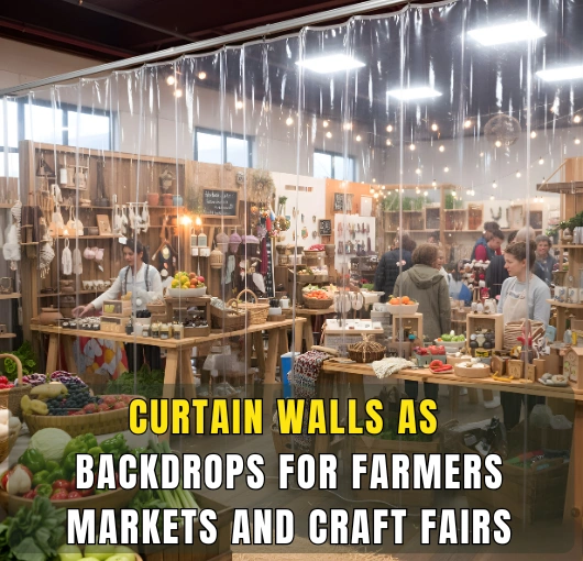 Clear vinyl curtain wall backdrop used to create a structured farmers market booth layout for produce and handmade crafts