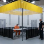 Clear vinyl curtain wall enclosure with yellow top panels used for inmate screening or interview zoning in a correctional facility