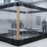 Clear vinyl curtain wall system with black lower panels creating a temporary meeting or overflow zone in a secure correctional space