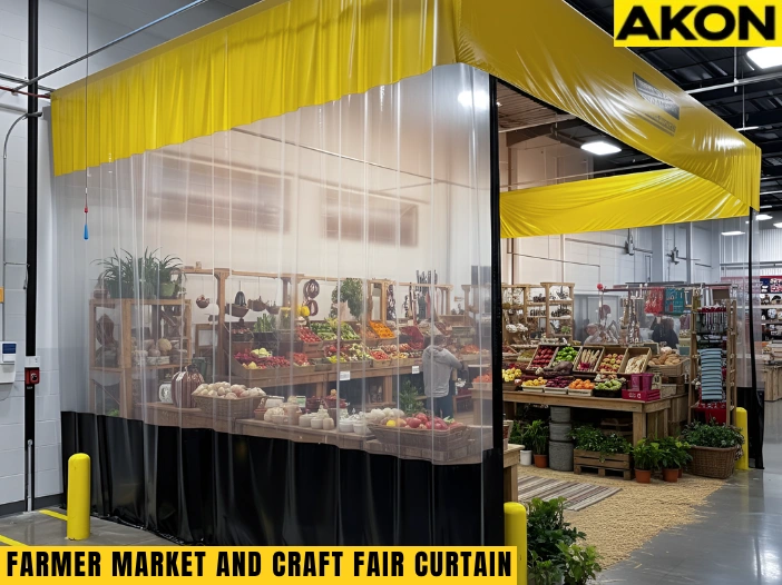 Clear vinyl farmers market booth enclosure with yellow top panel used as a wind-blocking backdrop for produce and craft displays